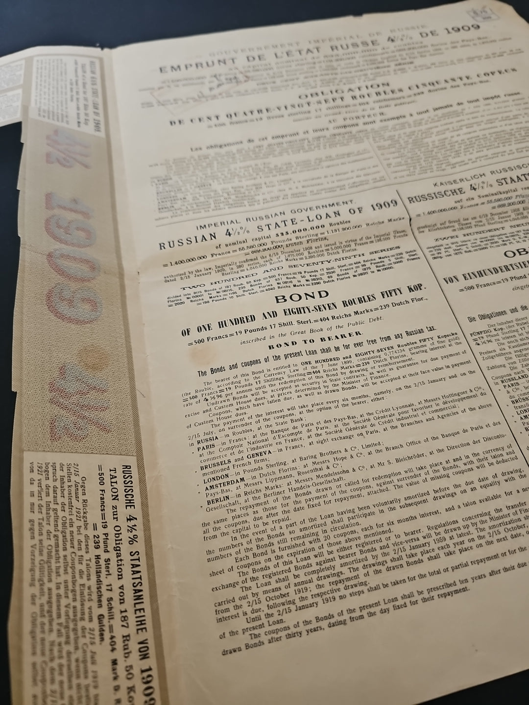 Imperial Government of Russia - Russian State Loan 4.5% of 1909 - 187.50