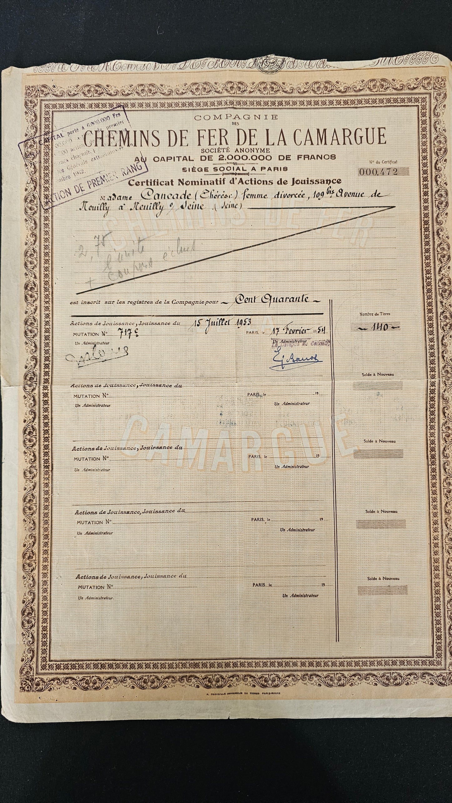 Certificat nominatif d'actions de jouissance de la Compagnie des Chemins de Fer de la Camargue