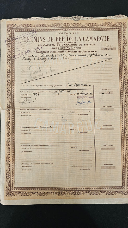 Registered certificate of enjoyment shares of the Camargue Railway Company