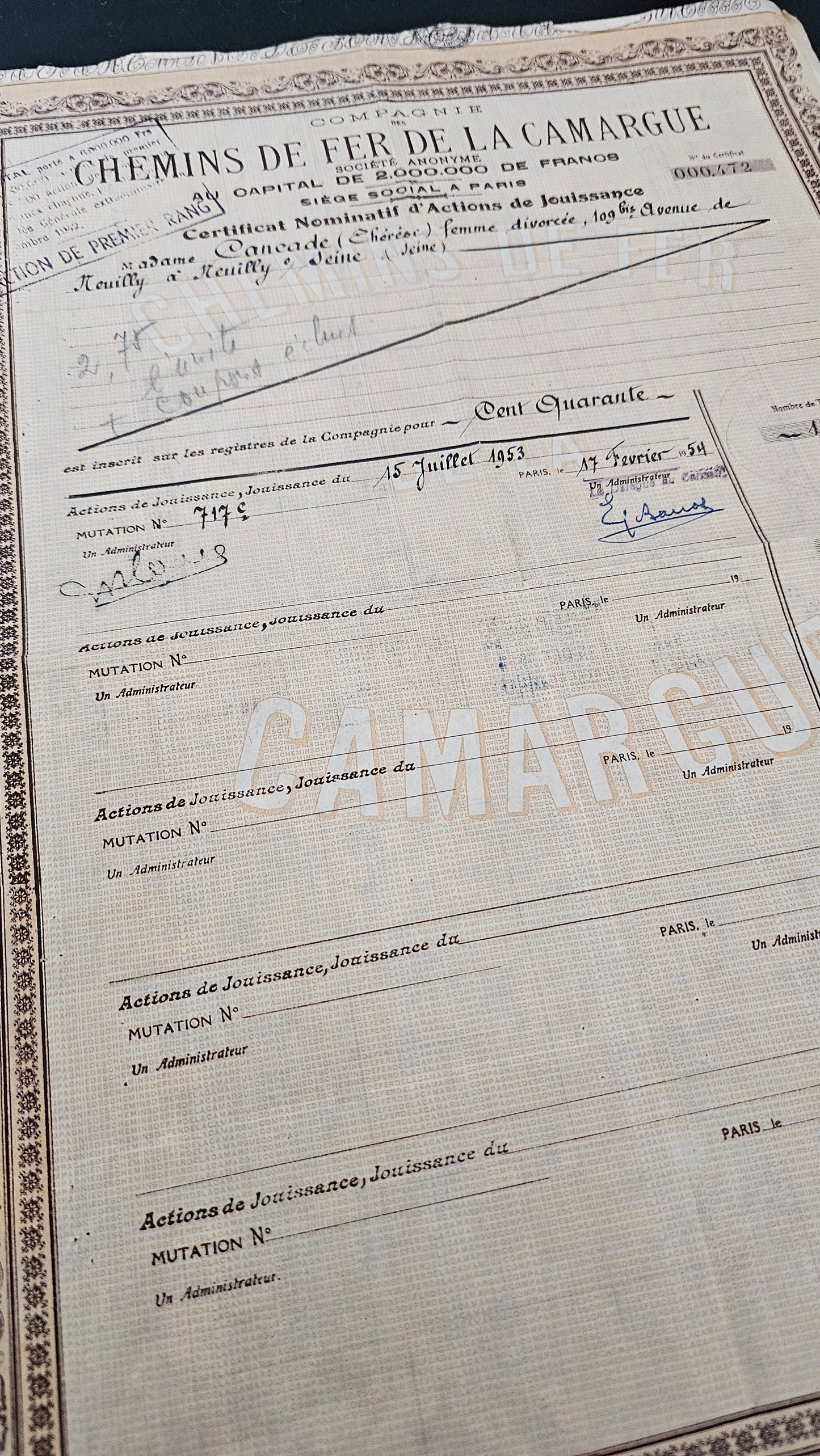Certificat nominatif d'actions de jouissance de la Compagnie des Chemins de Fer de la Camargue